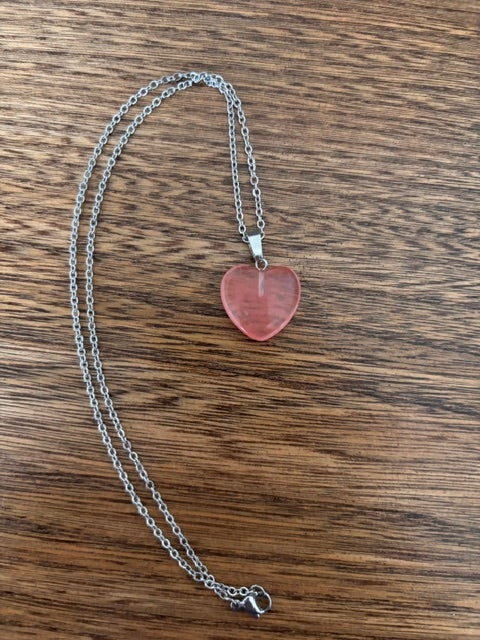 Collier Cœur Quartz Cerise | Chaîne Argentée Inoxydable | Pierre Naturelle