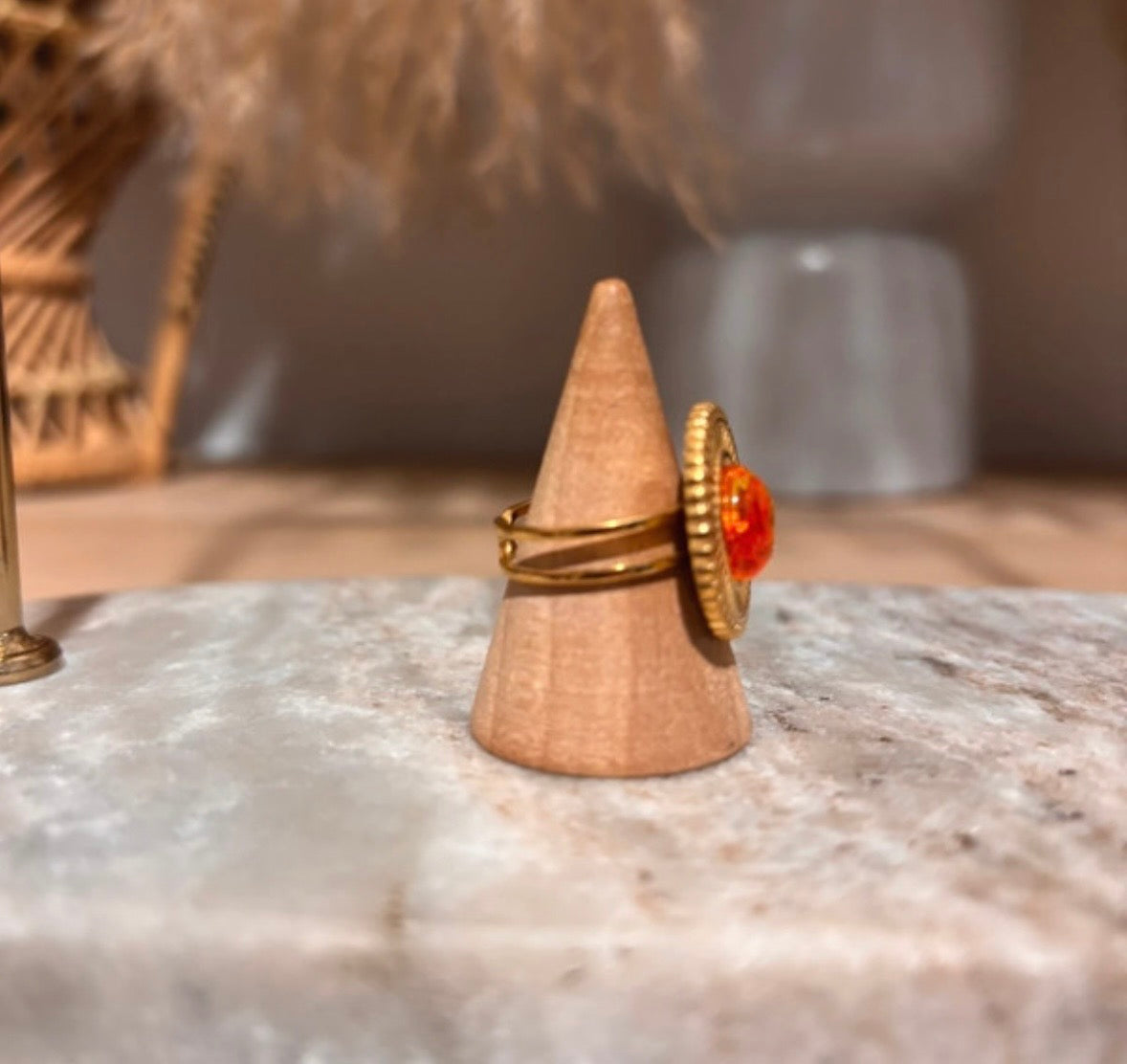 Bague Soleil Doré Ajustable | Pierre Naturelle Ambre | Acier Inoxydable