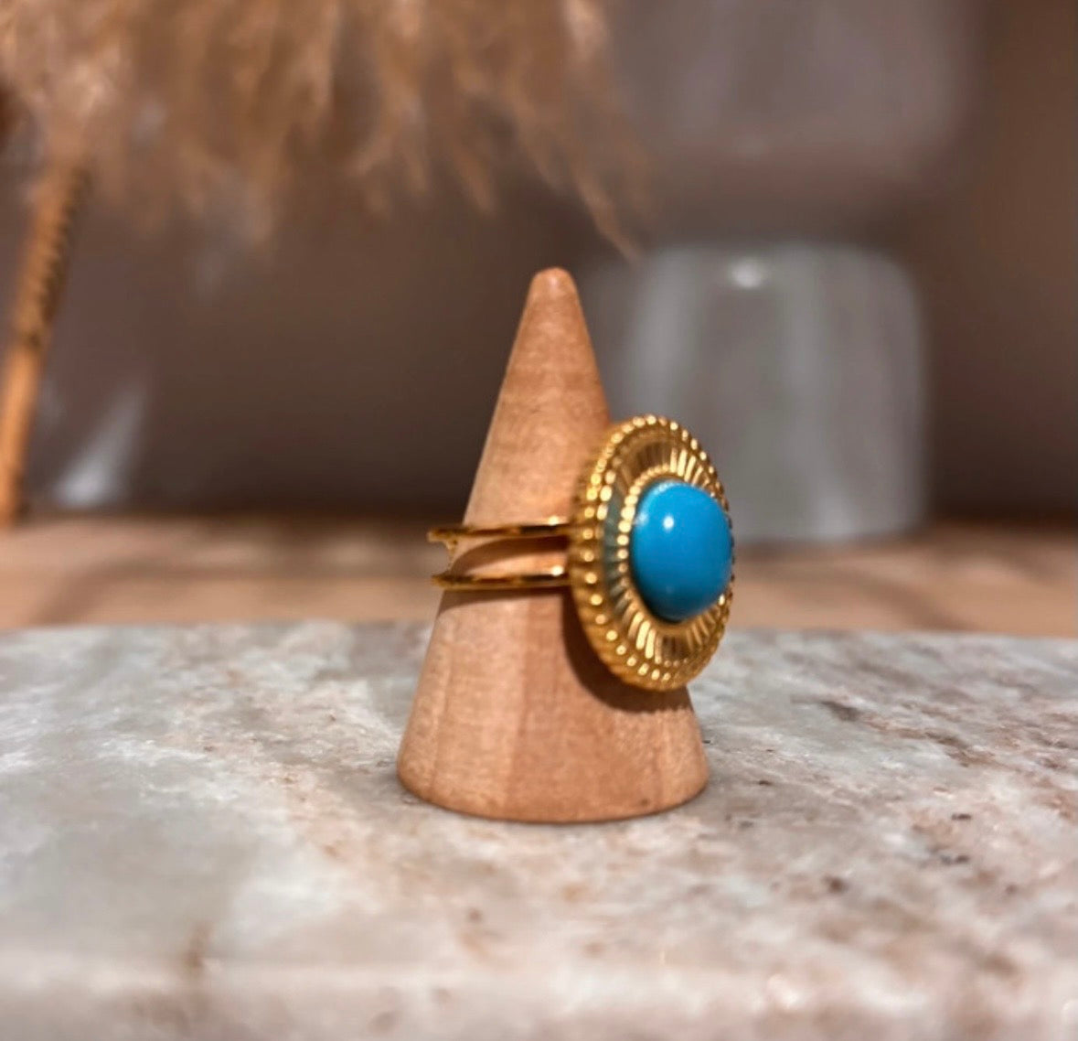 Bague Soleil Doré Ajustable | Pierre Naturelle Turquoise | Acier Inoxydable