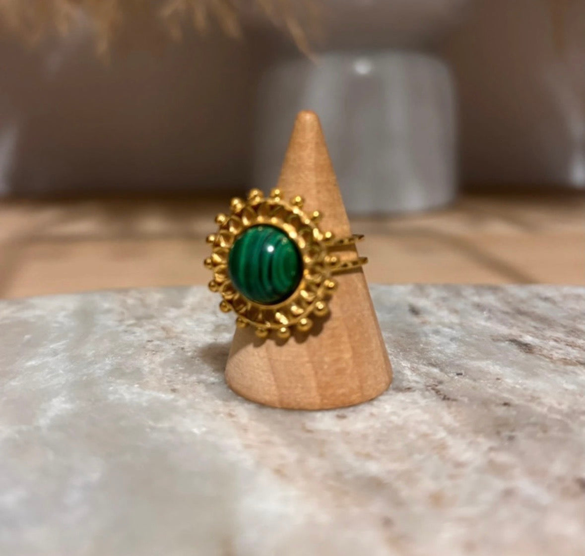 Bague Soleil Doré Ajustable | Pierre Naturelle Malachite | Acier Inoxydable