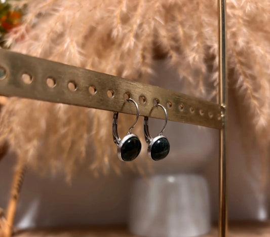 Boucles d’Oreilles Dormeuses Argentées | Pierre Naturelle Agate Mousse | Acier Inoxydable