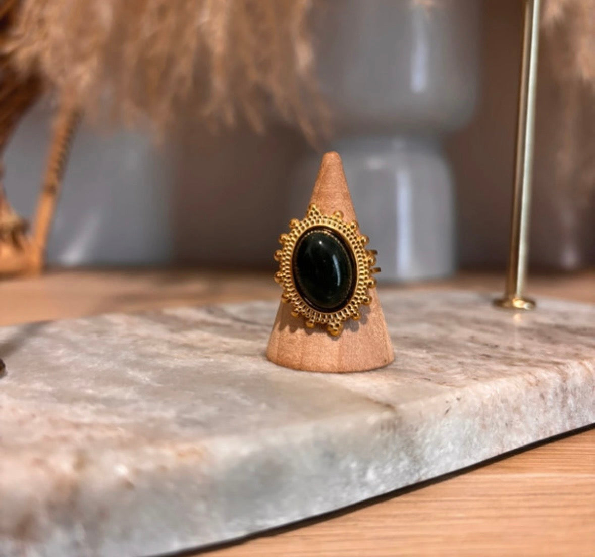 Bague Dorée Vintage Ajustable | Pierre Naturelle Agate Mousse | Acier Inoxydable