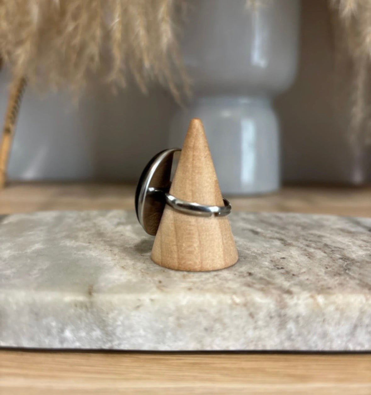 Grosse Bague Argentée Ajustable | Pierre Naturelle Obsidienne Noire | Acier Inoxydable