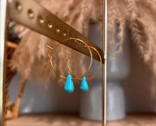 Créoles Fines Ajustables | Perles Pierre Naturelle Turquoise | Acier Inoxydable Argent & Or