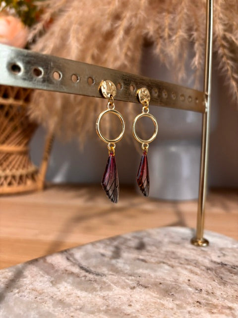 Boucles d'oreilles Ailes de Fée Dorées & Rouges – Acier Inoxydable | PAPD