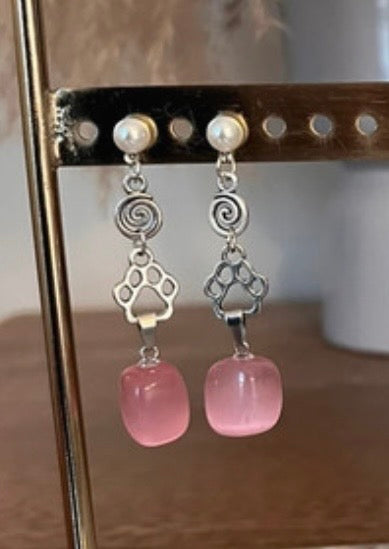 Clous d'Oreilles Perles Breloque Patte de Chien | Quartz Rose Naturel | Acier Inoxydable