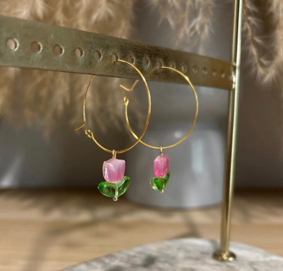 Créoles Dorées Pendentifs Tulipes Colorées – Acier Inoxydable | PAPD