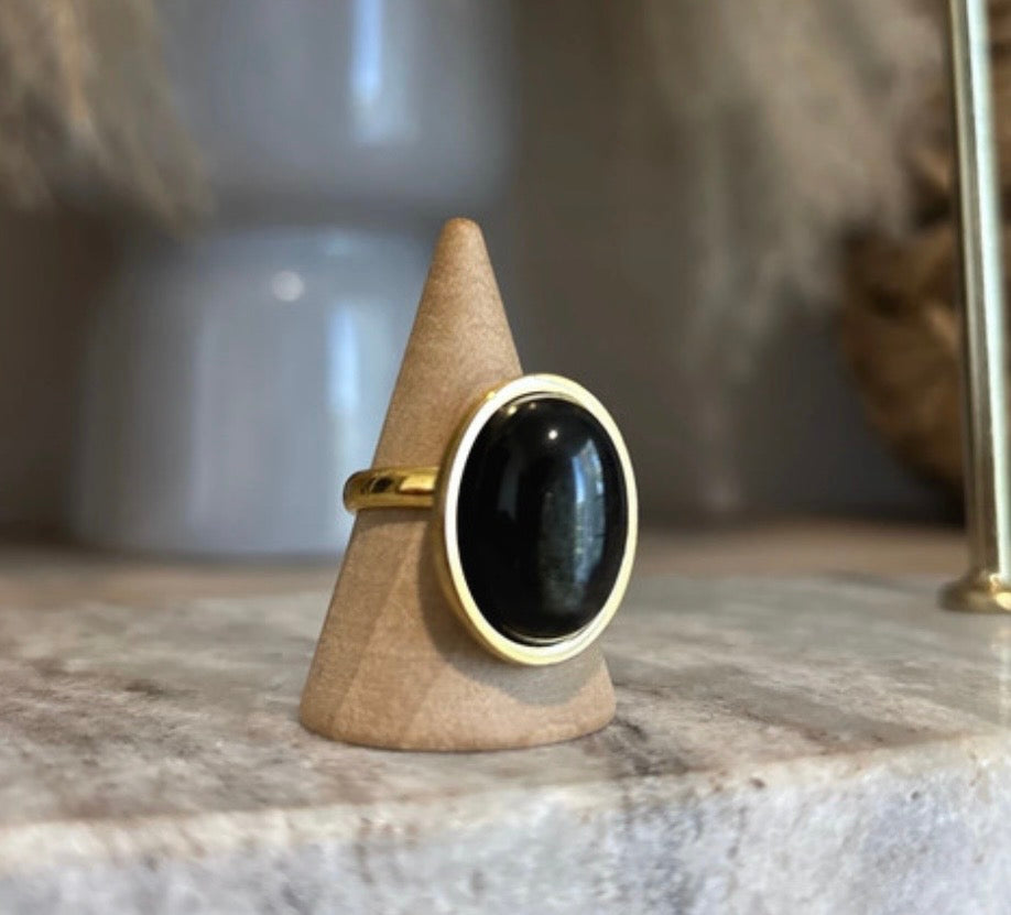 Bague Obsidienne Dorée – Pierre Naturelle Protectrice | Monture Dorée Ajustable