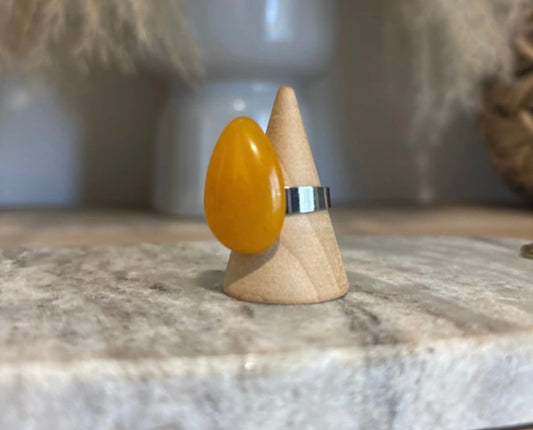 Bague Ambre Jaune – Pierre Naturelle Solaire | Monture Dorée Ajustable Inoxydable