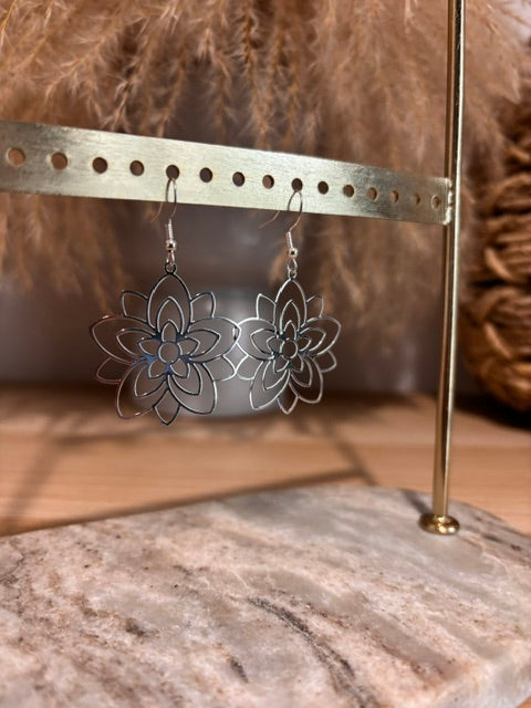 Boucles d’Oreilles Fleur Filigrane Argentée | Crochets Acier Inoxydable Bohème