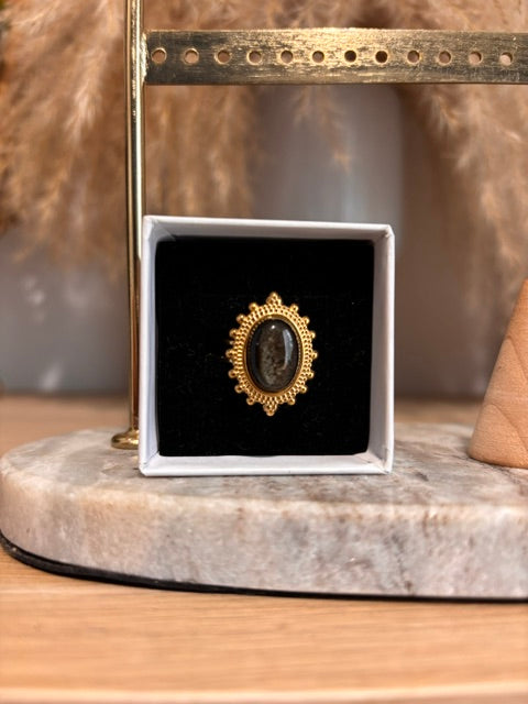 Bague Dorée Ajustable | Pierre Obsidienne Dorée | Bijou Lithothérapie Protecteur Fait Main