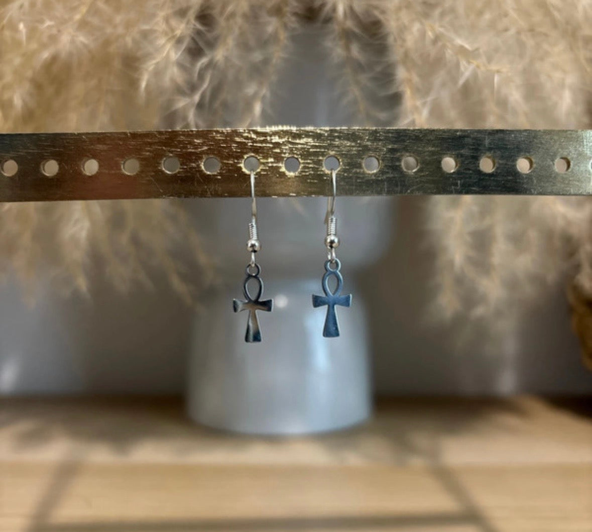 Boucles d'oreilles Ankh | Croix Ansée Égyptienne – Acier Inoxydable Argenté