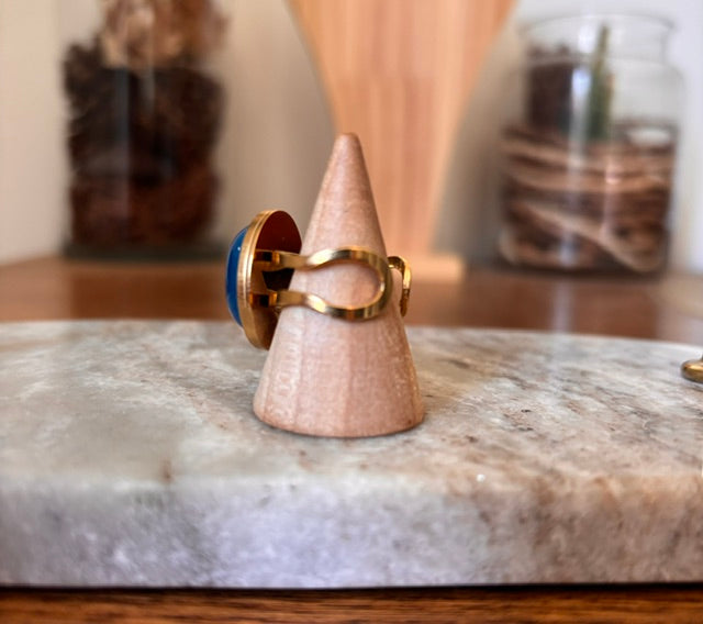 Bague Ambre Bleue Naturelle | Résine Fossile Rare – Acier Inoxydable Doré Ajustable