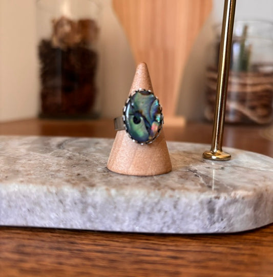 Bague Coquille d'Ormeau | Reflets Irisés – Acier Inoxydable Argenté Ajustable