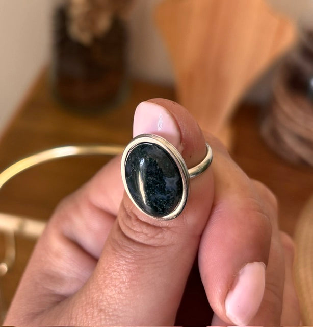 Bague Agate Mousse Naturelle | Ajustable & Hypoallergénique – Acier Inoxydable Argenté