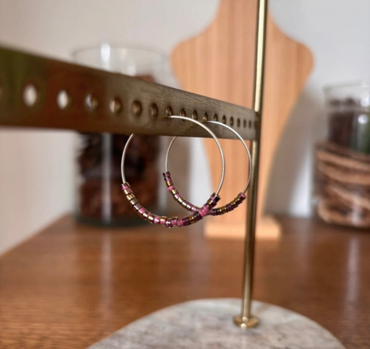 Créoles Perles Roses aux Reflets Dorés | 3 cm | Acier Inoxydable | Argent & Or – PAPD
