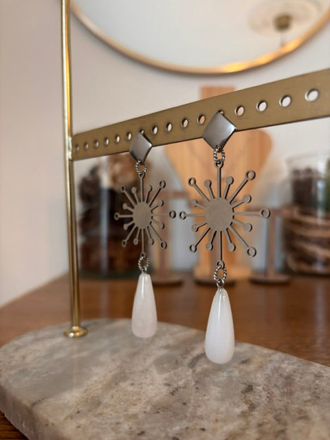 Boucles d'oreilles Cristal de Roche | Losange Soleil Filigrane | Acier Inoxydable