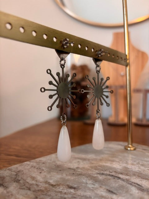 Boucles d'oreilles Cristal de Roche | Losange Soleil Filigrane | Acier Inoxydable