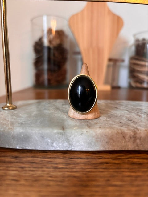 Bague Obsidienne Noire Naturelle | Cabochon 18x25 mm | Ajustable | Monture Dorée Inoxydable