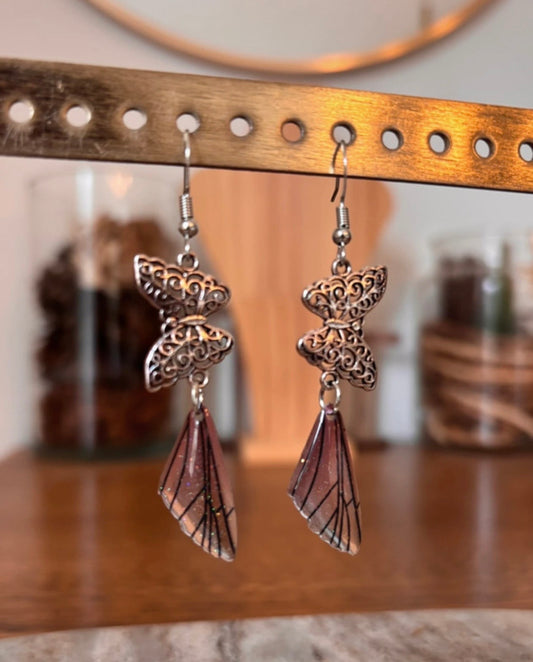 Boucles d'oreilles Fairycore Bohème | Papillon & Aile de Fée Pailletée – Acier Inoxydable