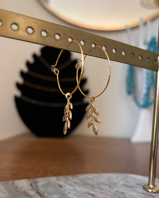 Boucles d'Oreilles Créoles Dorées Feuilles de Saule | 3 cm | Acier Inoxydable | PAPD