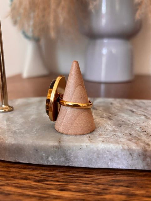 Bague Œil de Tigre | Cabochon 18x25mm | Acier Inoxydable Doré Ajustable | PAPD