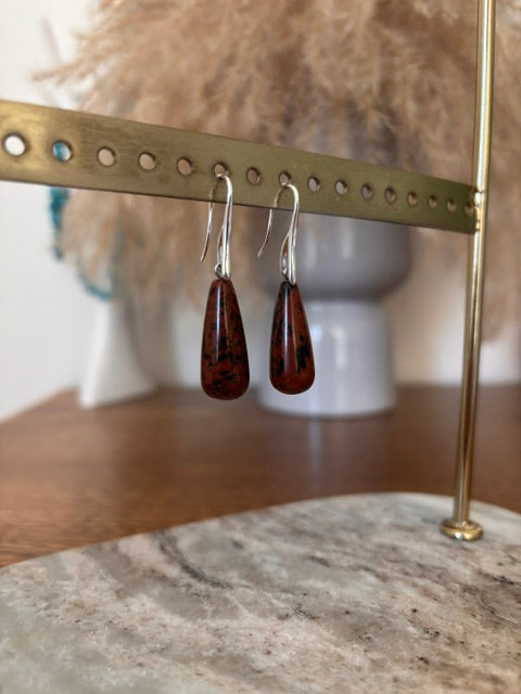 Boucles d'Oreilles Dormeuses Argentées – Pierre Obsidienne Acajou | Lithothérapie