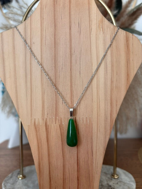 Collier Chaîne Maillon Argenté Pierre de Jade Vert Larme | Bijou Artisanal Lithothérapie