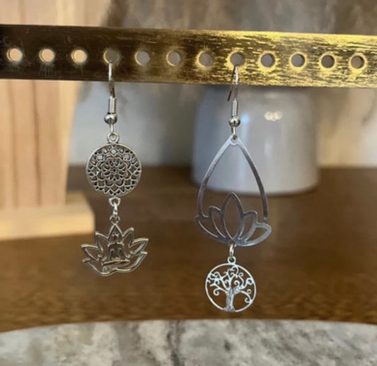 Boucles d'Oreilles Pendantes Argentées – Arbre de Vie, Fleur Bohème & Bouddha | Filigrane