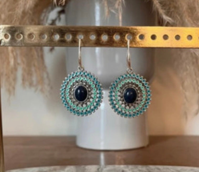 Boucles d'Oreilles Dormeuses Argentées & Pendentif Turquoise Marine | Acier 316L