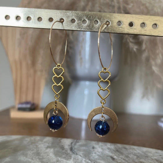 Boucles d'Oreilles Créoles Dorées | Cœur Lune & Perle Marine | Bohème Romantique Acier 316L