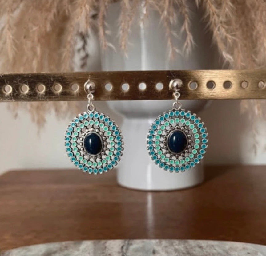 Clous d'Oreilles Argentés & Pendentif Turquoise Marine | Bohème Estival | Acier 316L