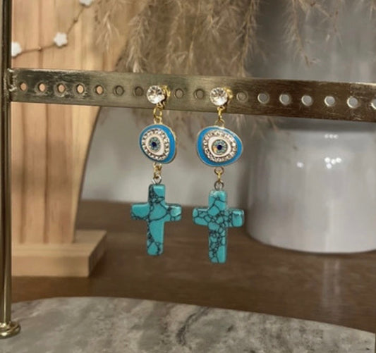 Clous d'Oreilles Dorés Pierre Naturelle Turquoise & Mauvais Œil | Talisman Protecteur | Acier 316L