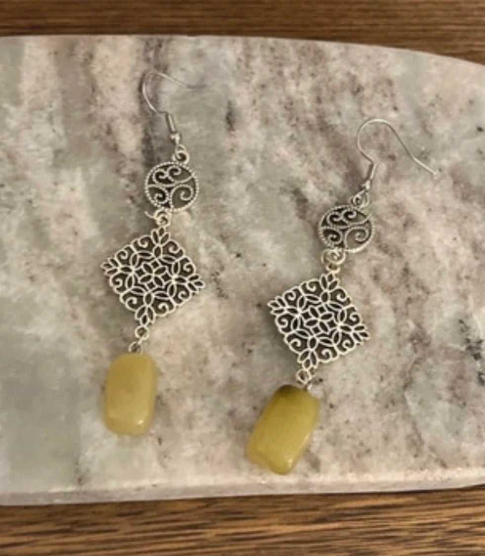 Boucles d'oreilles Jade Vert | Pendantes Argentées Bohème | Pierre Naturelle Lithothérapie