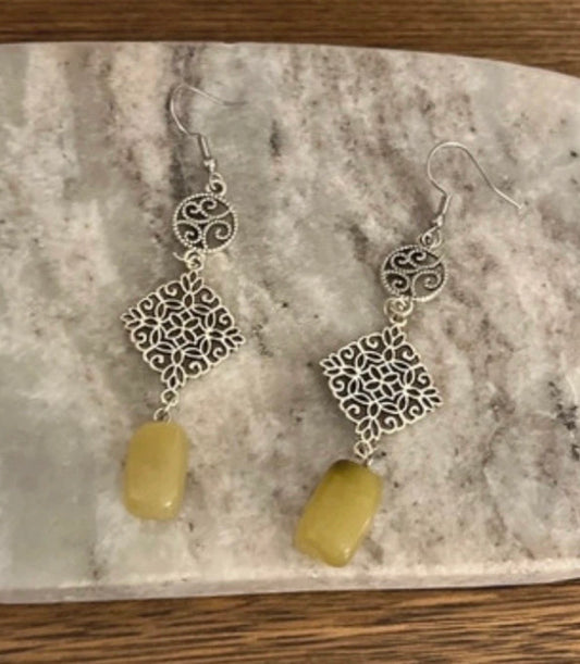 Boucles d'oreilles Jade Vert | Pendantes Argentées Bohème | Pierre Naturelle Lithothérapie
