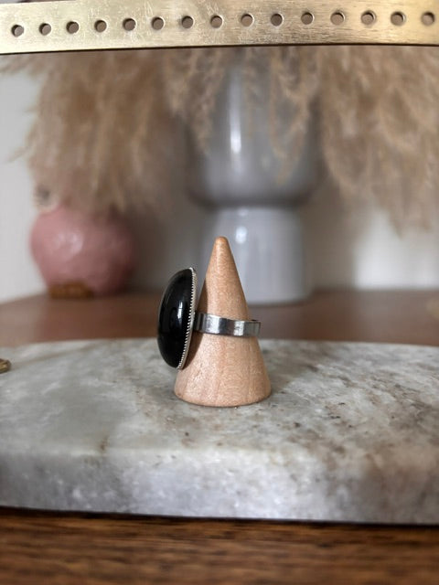 Bague Argentée Ajustable Pierre Obsidienne Noire Naturelle – Acier Inoxydable