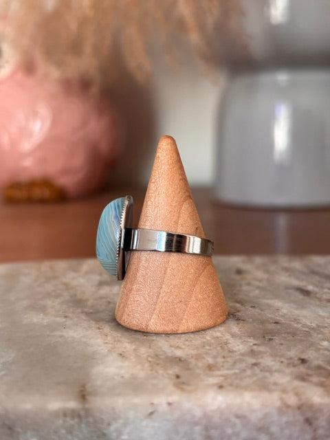 Bague Aventurine Bleue – Pierre Naturelle Cabochon & Monture Argentée Ajustable Acier Inoxydable
