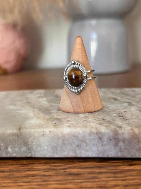 Bague Œil de Tigre – Pierre Naturelle & Monture Vintage Argentée Ajustable Acier Inoxydable
