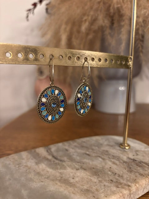 Boucles d'oreilles Dormeuses Argentées – Pendentif Géométrique Multicolore Bleu Bohème Acier Inoxydable