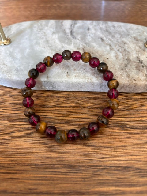 Bracelet Œil de Tigre & Œil de Tigre Rose – Perles Naturelles 8mm | Fait Main