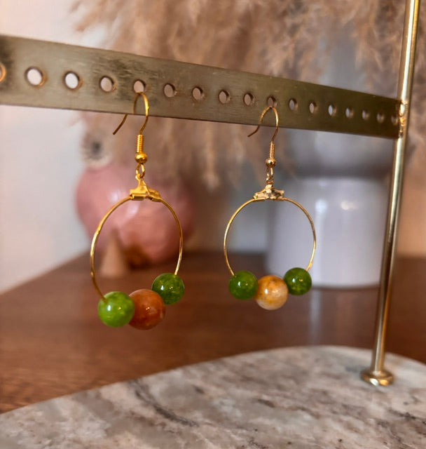Boucles d’oreilles Calcédoine, Agate Paon & Topaze Jaune – Perles 8-10mm Anneau Doré | PAPD