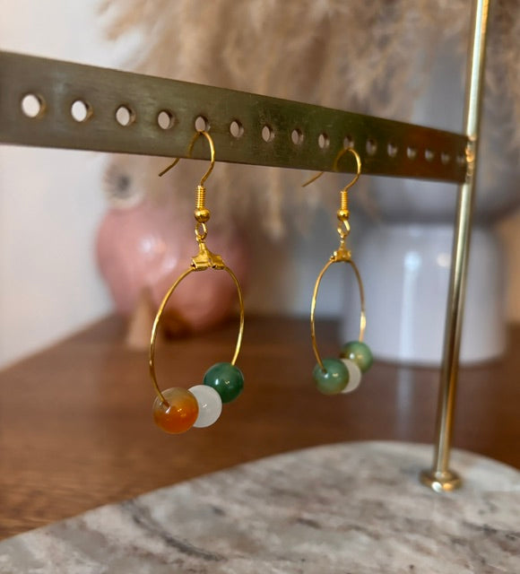 Boucles d’oreilles Agate Paon & Nacre Naturelle – Perles 8mm Anneau Doré | PAPD