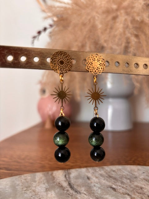 Boucles Dépareillées Soleil Filigrane Doré & Obsidienne – Perles 8mm | 6cm | PAPD