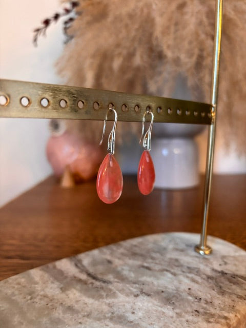 Boucles d'Oreilles Dormeuses Quartz Cerise | Cherry Quartz | Acier Inoxydable Argenté