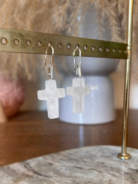 Boucles d'Oreilles Dormeuses Croix Cristal de Roche | Acier Argenté Inoxydable | Fait Main France
