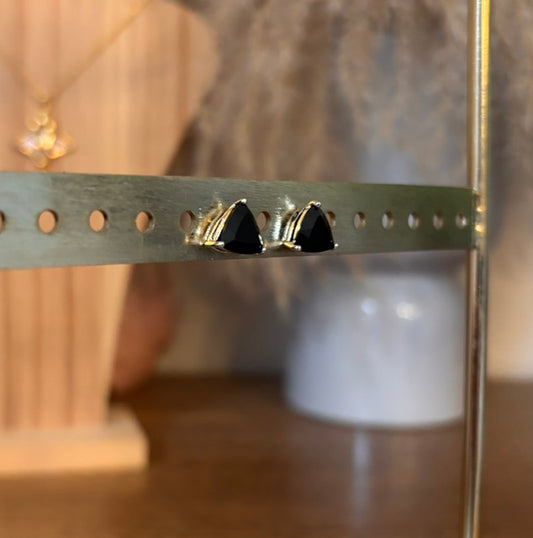 Puces d’oreilles en saphir noir, monture plaquée or 18 carats, vue de profil