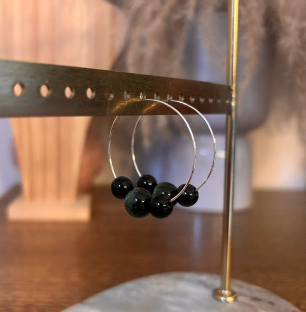 Boucles d'oreilles Créoles Perles Obsidienne Verte & Onyx Noir – Acier Inoxydable