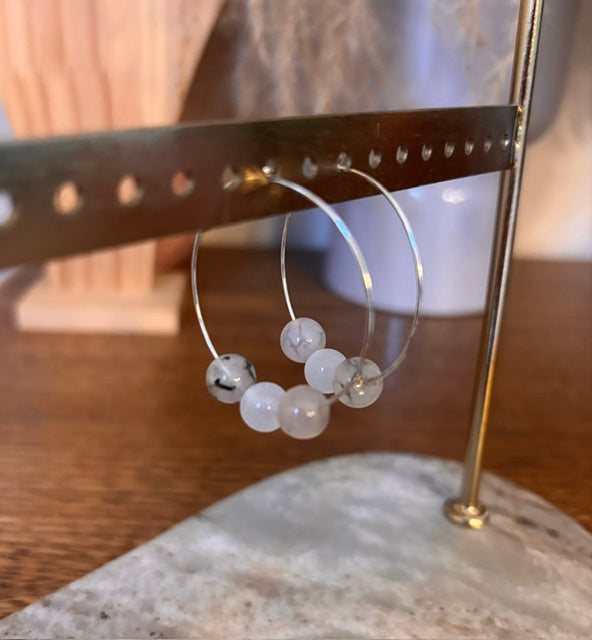 Créoles 35 mm | Agate Veine de Dragon & Nacre | Acier Inoxydable – Or & Argent