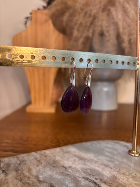 Boucles d'Oreilles Dormeuses Améthyste – Goutte Argentée Acier Inoxydable