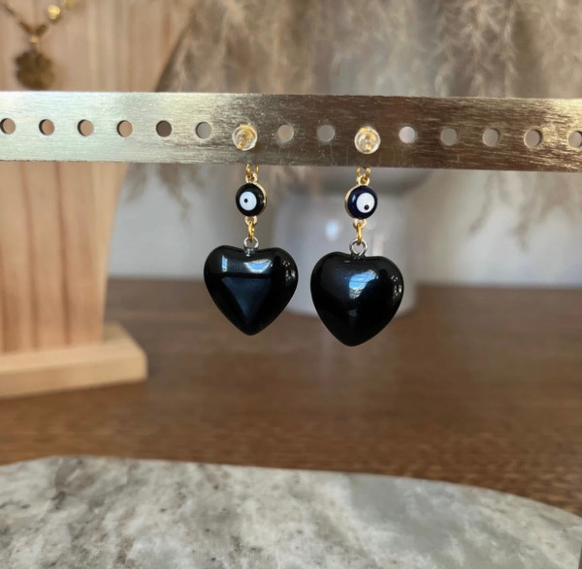 Clous d'Oreilles Obsidienne Noire Cœur – Porte-Bonheur Mauvais Œil | Pierre Naturelle